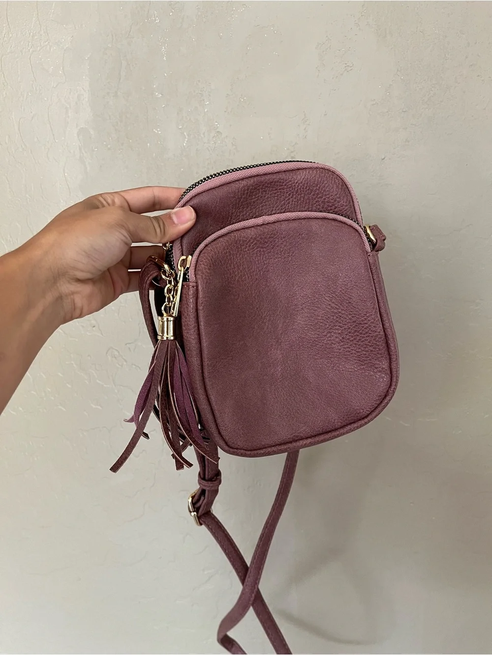 Mini Crossbody Bag in Mauve Pink - Compact Tassel Shoulder Purse